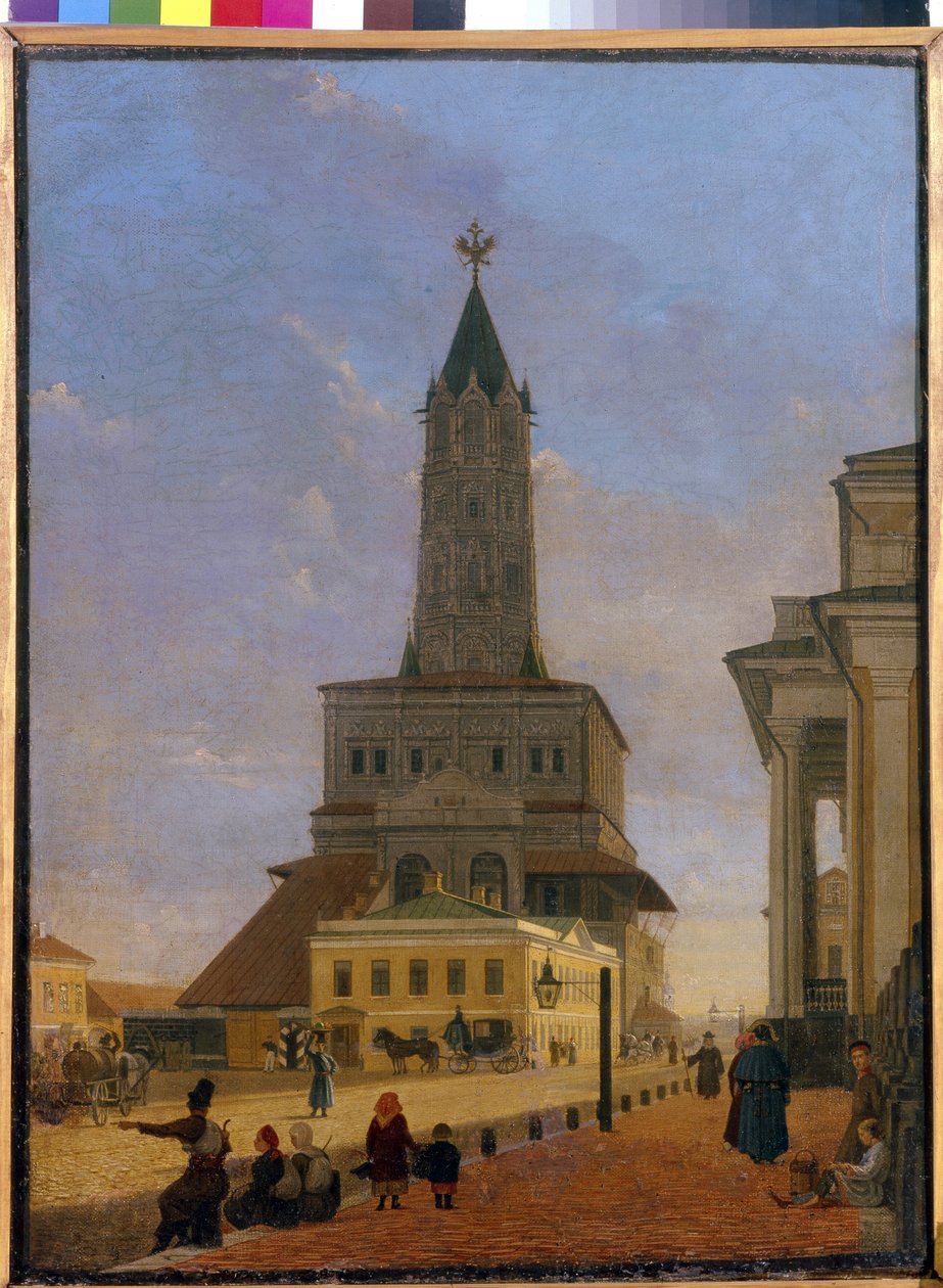 Sukharev-tårnet i Moskva. Bygget i 1695, arkitekt Tchoglokov og revet ned i 1934, var det placeret på hjørnet af ringen af ​​haver og Stretenka Street. Maleri af Karl Petrovich Bodri (1812-1894), olie på lærred af Karl Fridrikh Petrovich Bodri