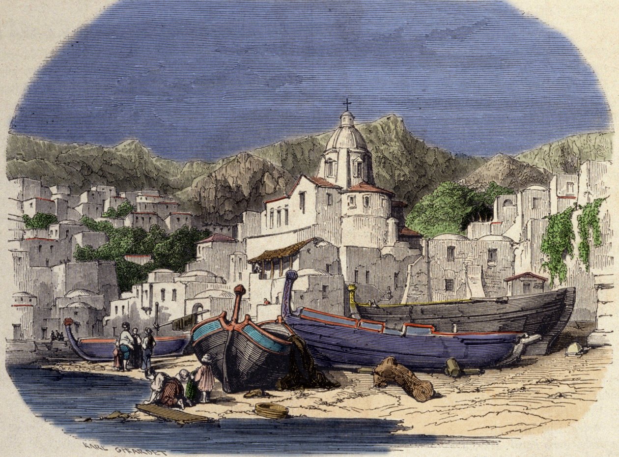 Udsigt over Positano i Italien i slutningen af det 19. århundrede efter Girardet. af Karl (after) Girardet