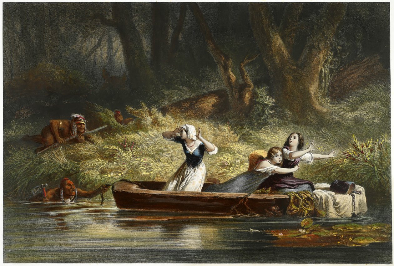 Capture of the Daughters of Daniel Boone og Richard Callaway af indianerne, pub. 1852 (farvegravering) af Karl Bodmer