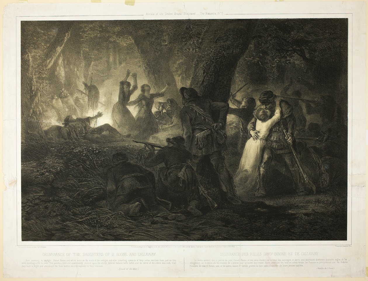 Befrielsen af Daniel Boones og Callaways døtre, planche to fra Histoire des Premiere Colons d