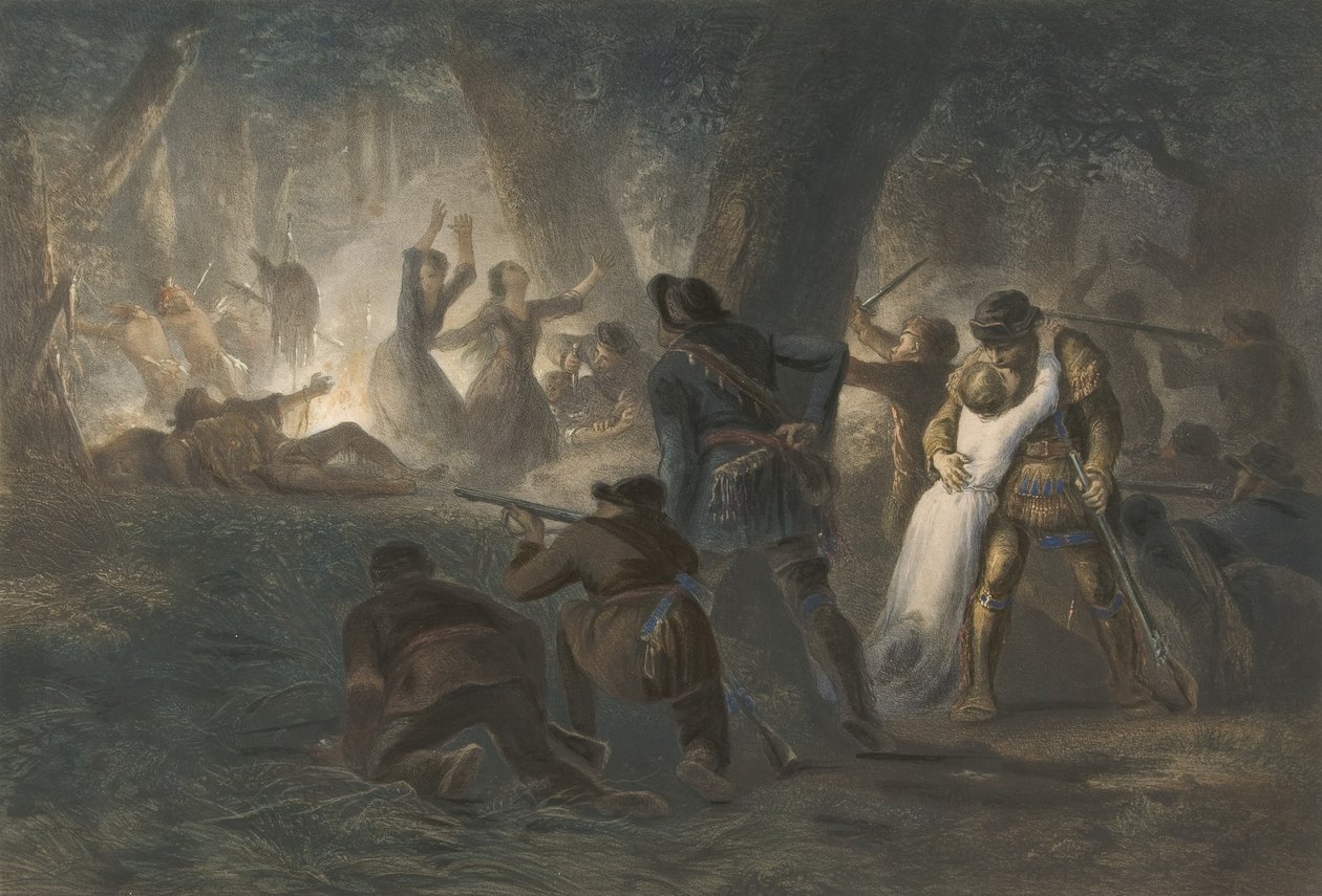 Deliverance of the Daughters of Daniel Boone og Richard Callaway, pub. 1852 (farvegravering) af Karl Bodmer