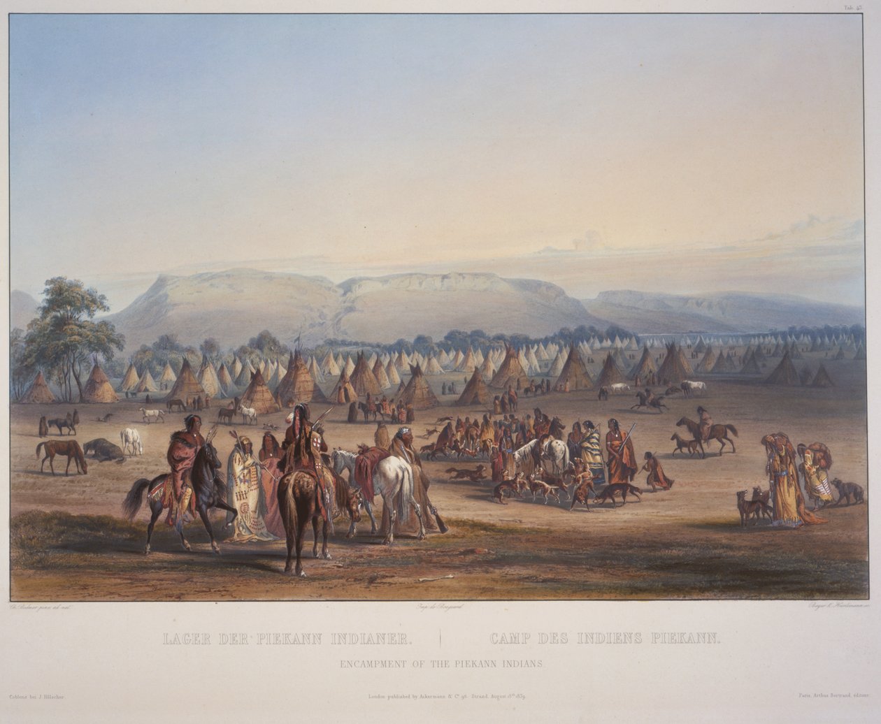 Piekann-indianernes lejr, indgraveret af Beyer und Hurliman, udgivet i 1839 (akvatint) af Karl Bodmer