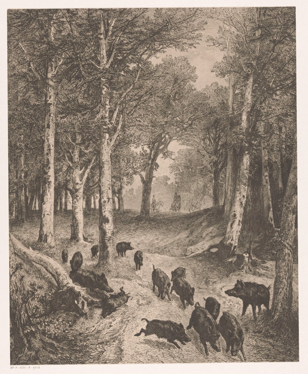 Gruppe orner på flugt fra to jægere til hest af Karl Bodmer