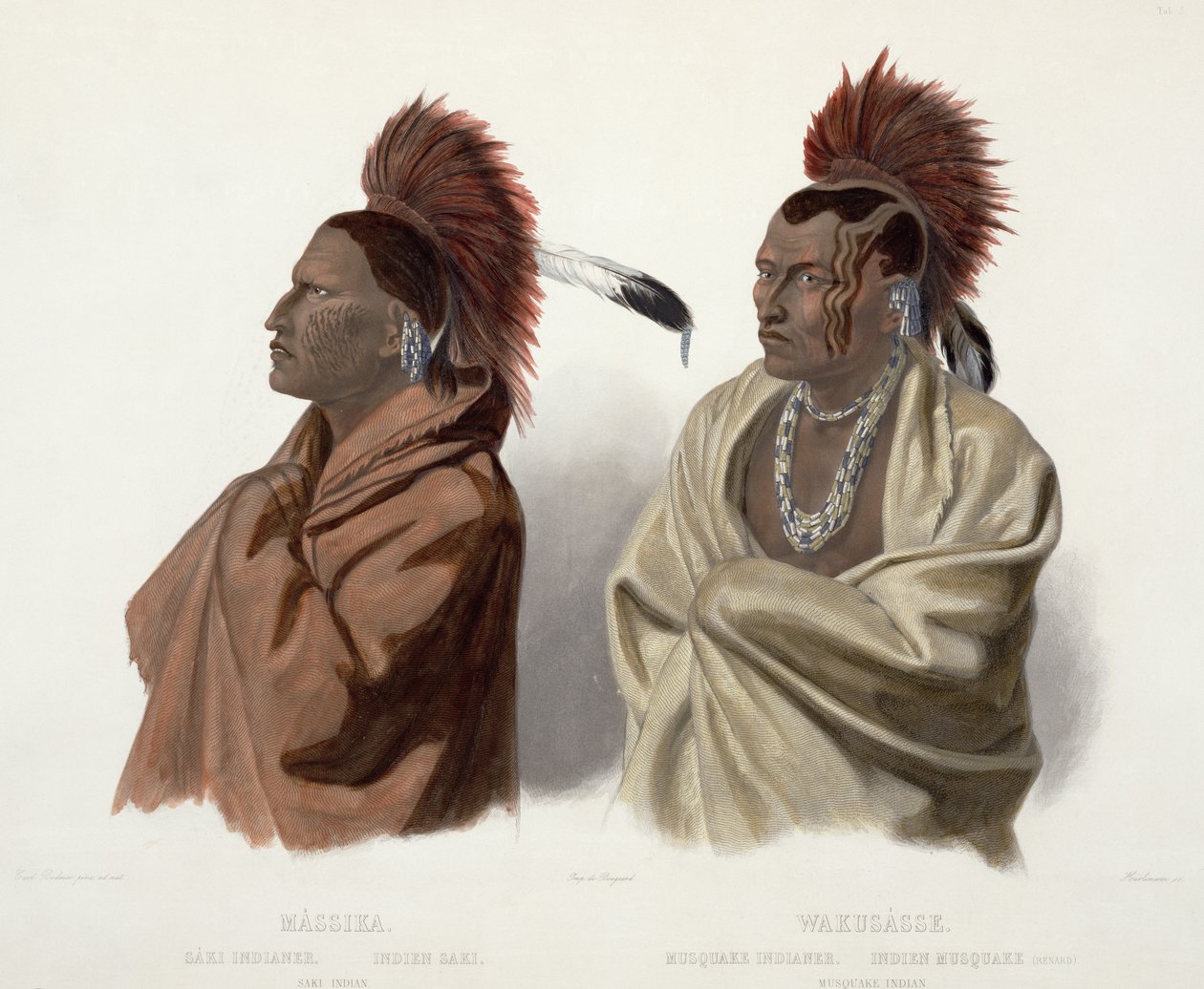Massika, en Saki indianer, og Wakusasse, en Musquake indianer, planche 3 fra bind 2 af "Travels in the Interior of North America", graveret af J. Hurlimann, 1844 (akvaratint) af Karl Bodmer