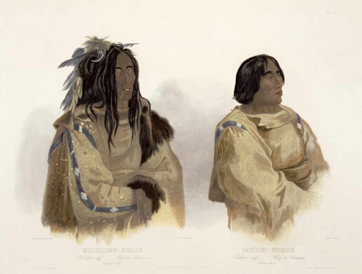 Mehkskeme-Sukahs, Blackfoot Chief og Tatsicki-Stomick, Piekann Chief, plade 45 fra bind 2 af "Travels in the Interior of North America", graveret af Allais, 1844 (akvatint) af Karl Bodmer