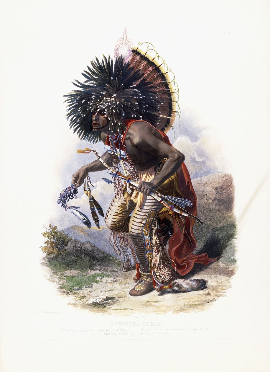 Pehriska-Ruhpa, Moennitarri-kriger i hundedansens kostume, 1840 af Karl Bodmer