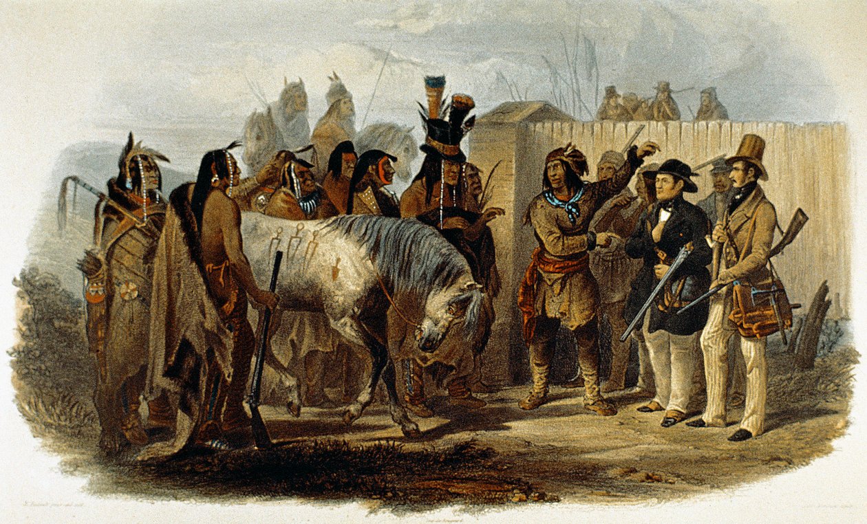 Prins Max von Wied-Neuwied (1782-1867) og Karl Bodmer bliver mødt af Hidatsa-indianerne af Karl Bodmer