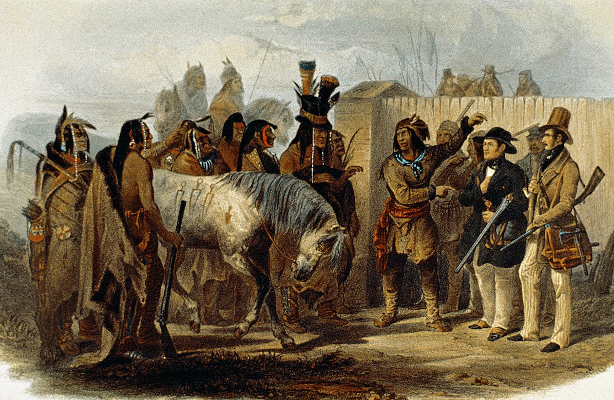 Prins Max von Wied-Neuwied (1782-1867) og Karl Bodmer bliver mødt af Hidatsa-indianerne af Karl Bodmer