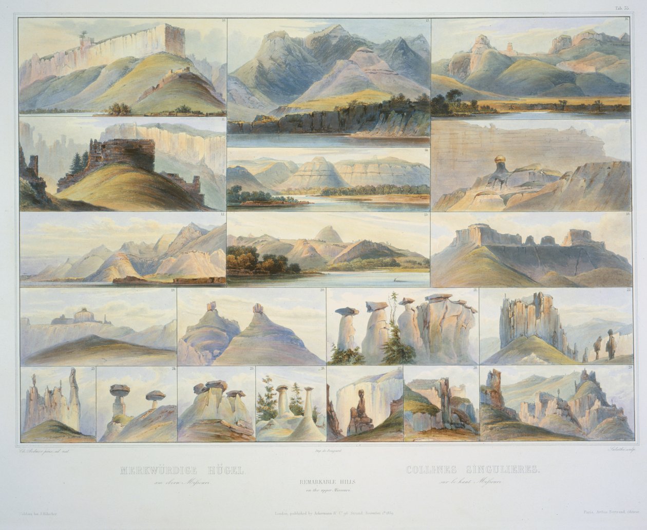 Remarkable Hills on the Upper Missouri, graveret af F. Salathe, udgivet i 1839 (akvatint) af Karl Bodmer