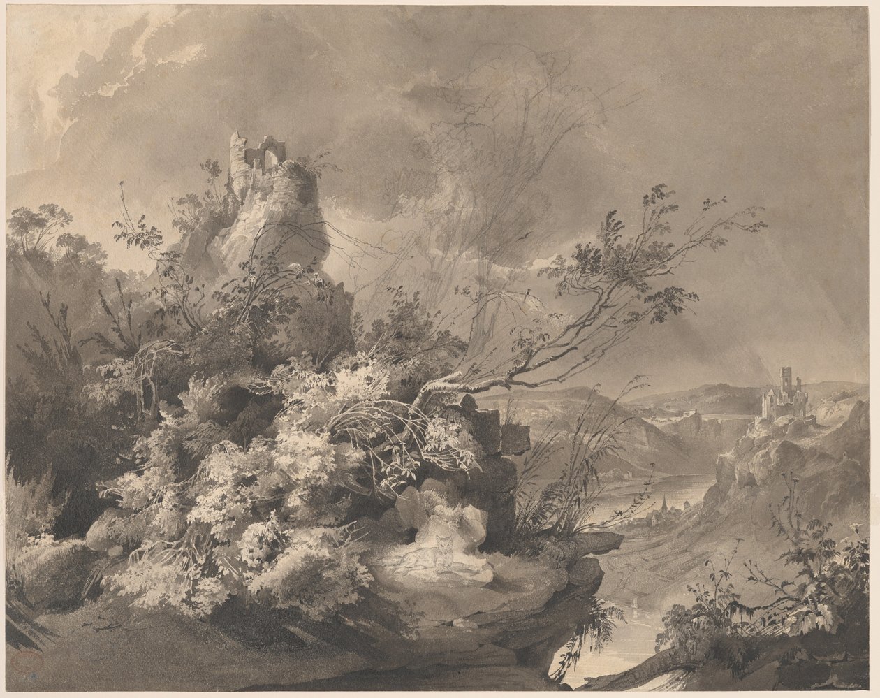 Ødelagte tårne med udsigt over Rhinen af Karl Bodmer