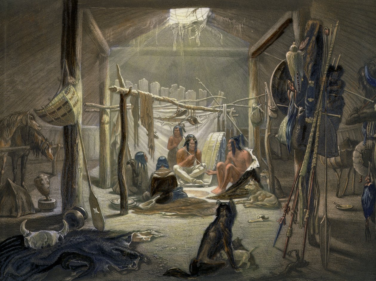 Det indre af en hytte af en Mandan-høvding, plade 19 fra bind 2 af Travels in the Interior of North America, indgraveret af Narcisse Desmadryl, 1844 farvet akvatintedetalje af 103848 af Karl Bodmer