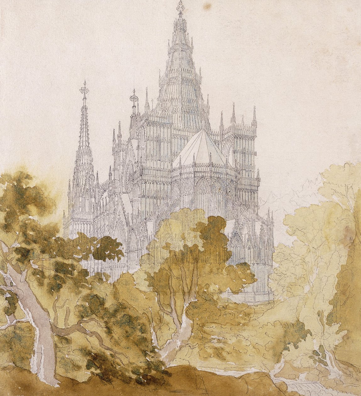 En gotisk katedral nær Bauman; En gotisk katedral bag træer, 1814-15 af Karl Friedrich Schinkel