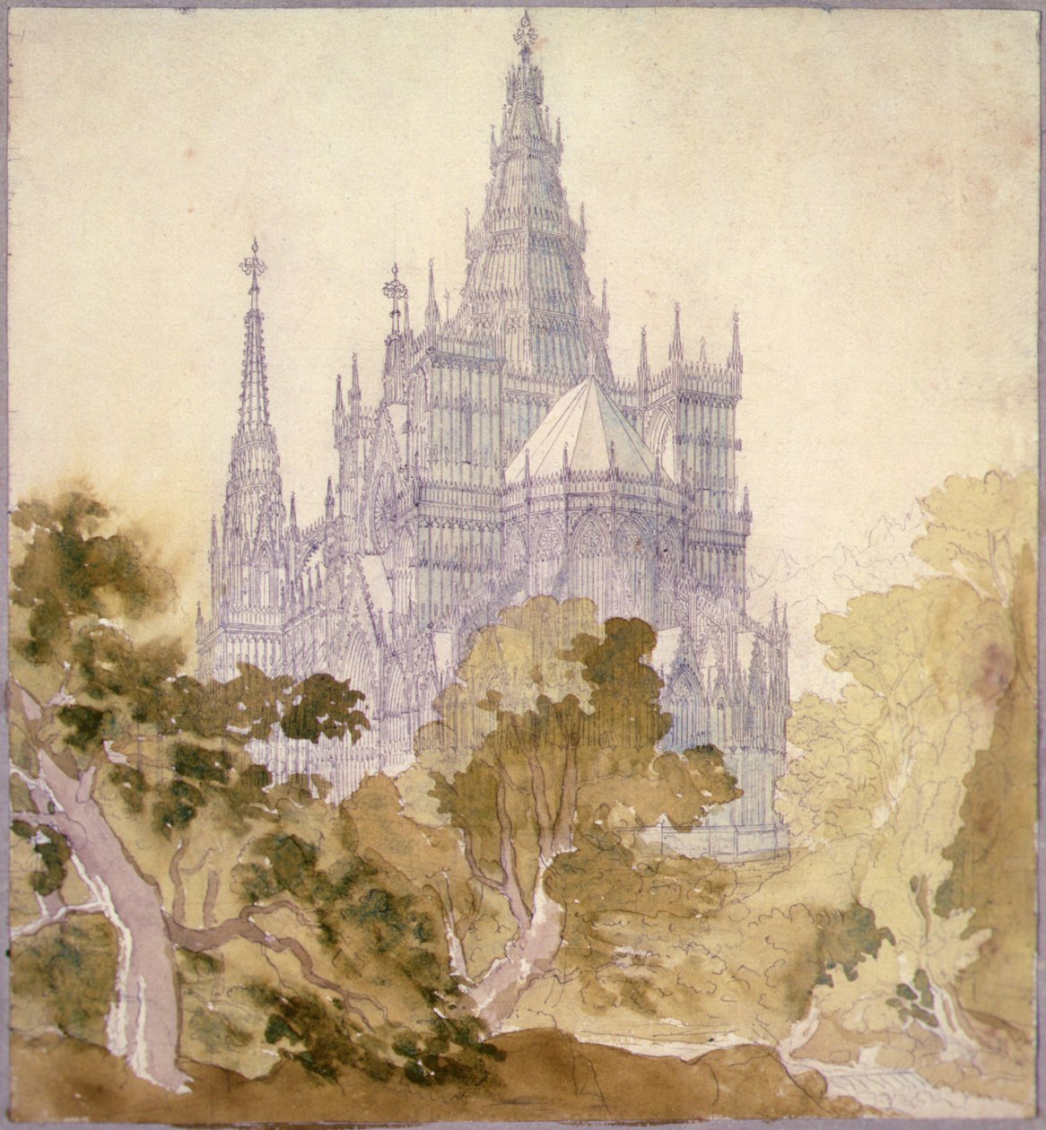Et skovklædt landskab med en gotisk kirke (blyant, blæk og akvarel) af Karl Friedrich Schinkel
