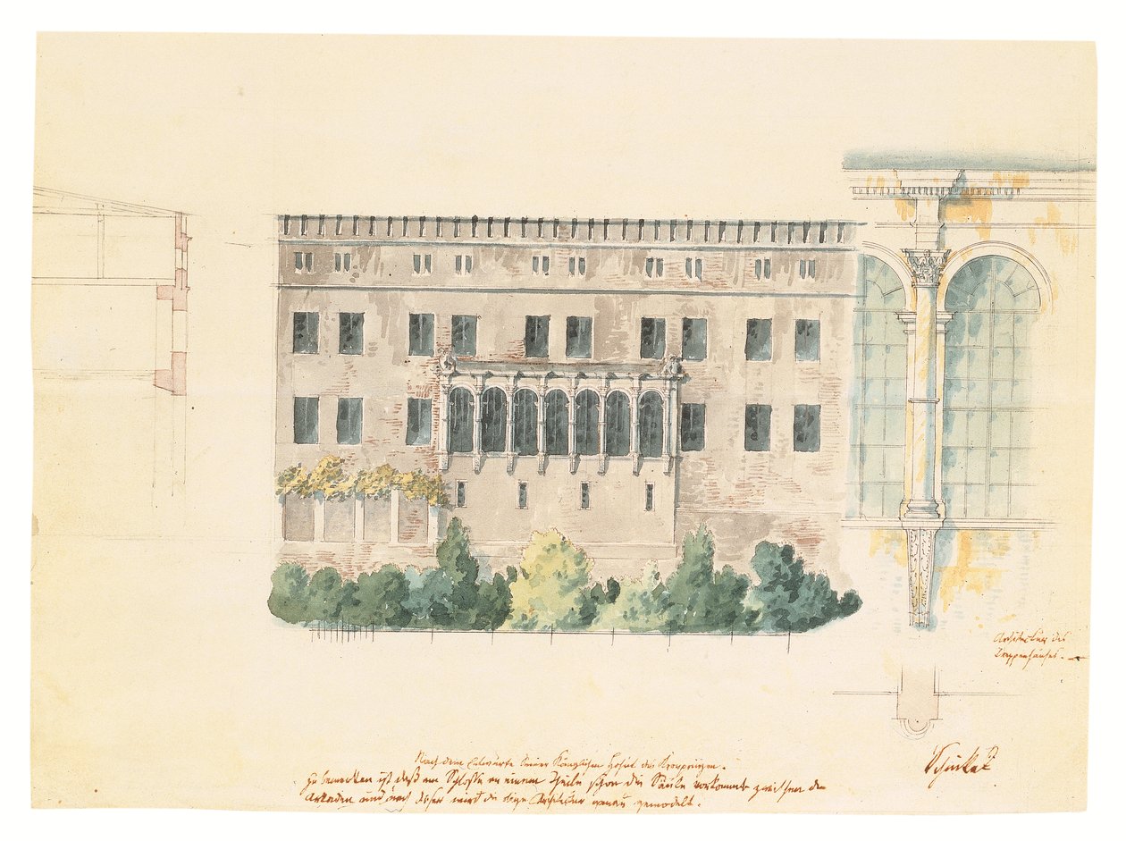 Et design til en ny trappeopgang til den nordlige facade af slottet ved Stettin, med en undersøgelse af loggiaen, et tværsnit af facaden, og en engageret pilaster, ca. 1840 (blyant, pen og blæk og af Karl Friedrich Schinkel