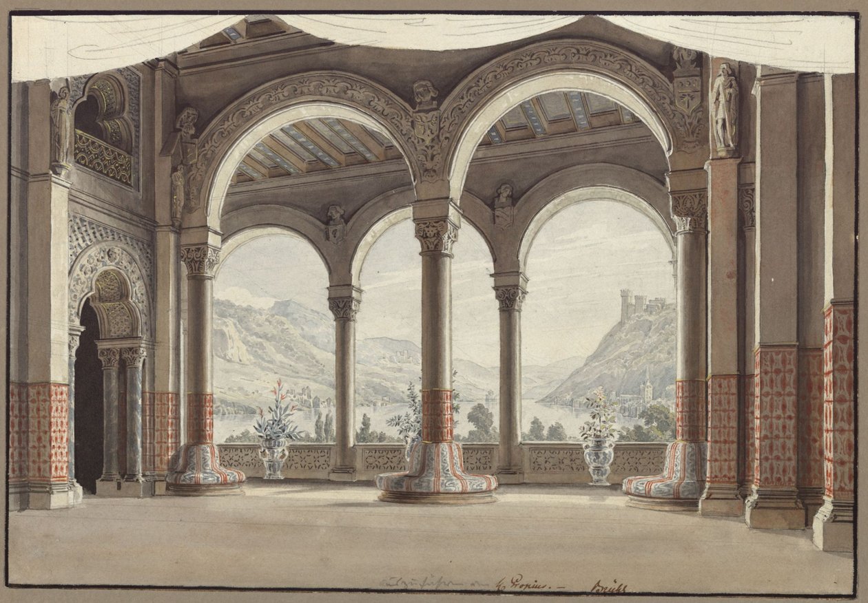 Agnes von Hohenstaufen. Opera af Gaspare Spontini. Udkast til 2. kulisse. Åben sal af Karl Friedrich Schinkel