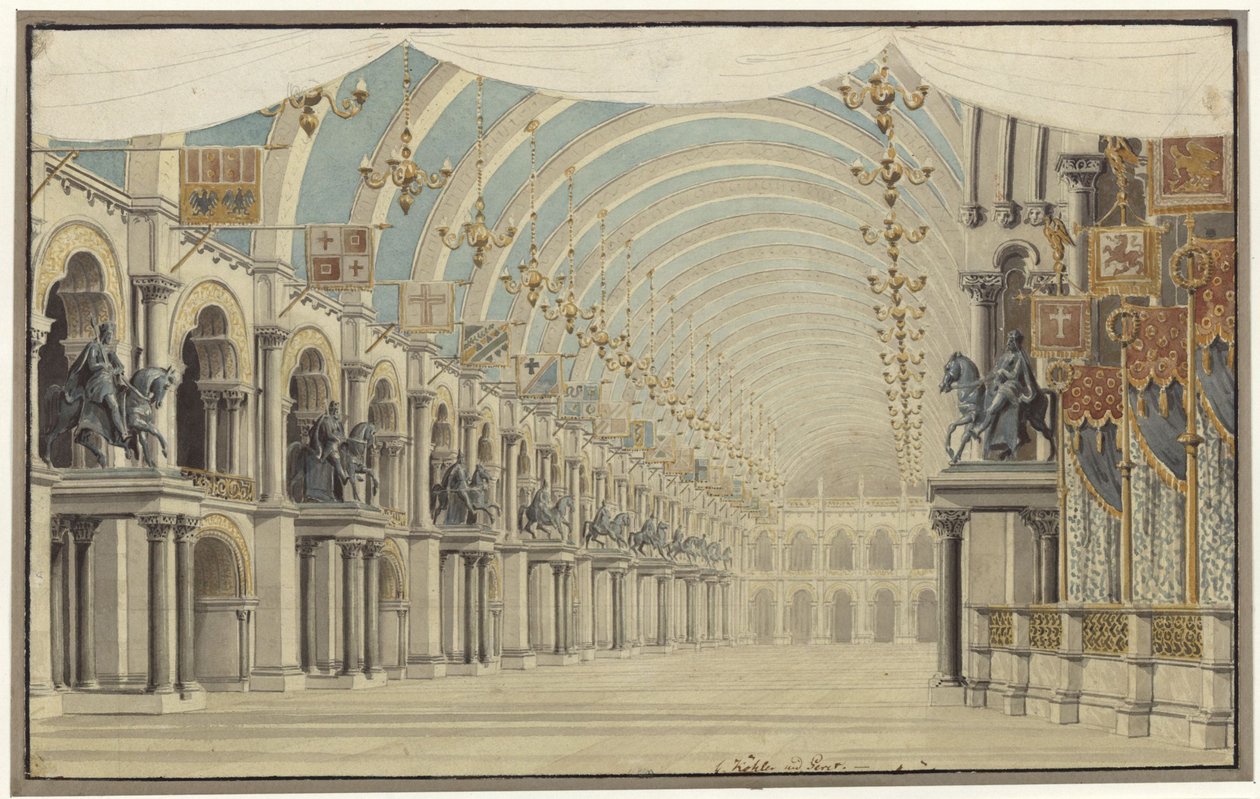 Agnes von Hohenstaufen. Opera af Gaspare Spontini. Udkast til den 7. dekoration. Fest- og balsal af Karl Friedrich Schinkel