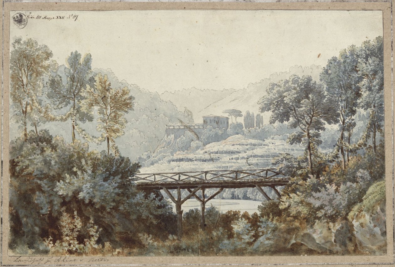 Aline, dronning af Golkonda. Opera af Henri-Montan Berton. Udkast til 2. dekoration. Landskab med flod og bro af Karl Friedrich Schinkel