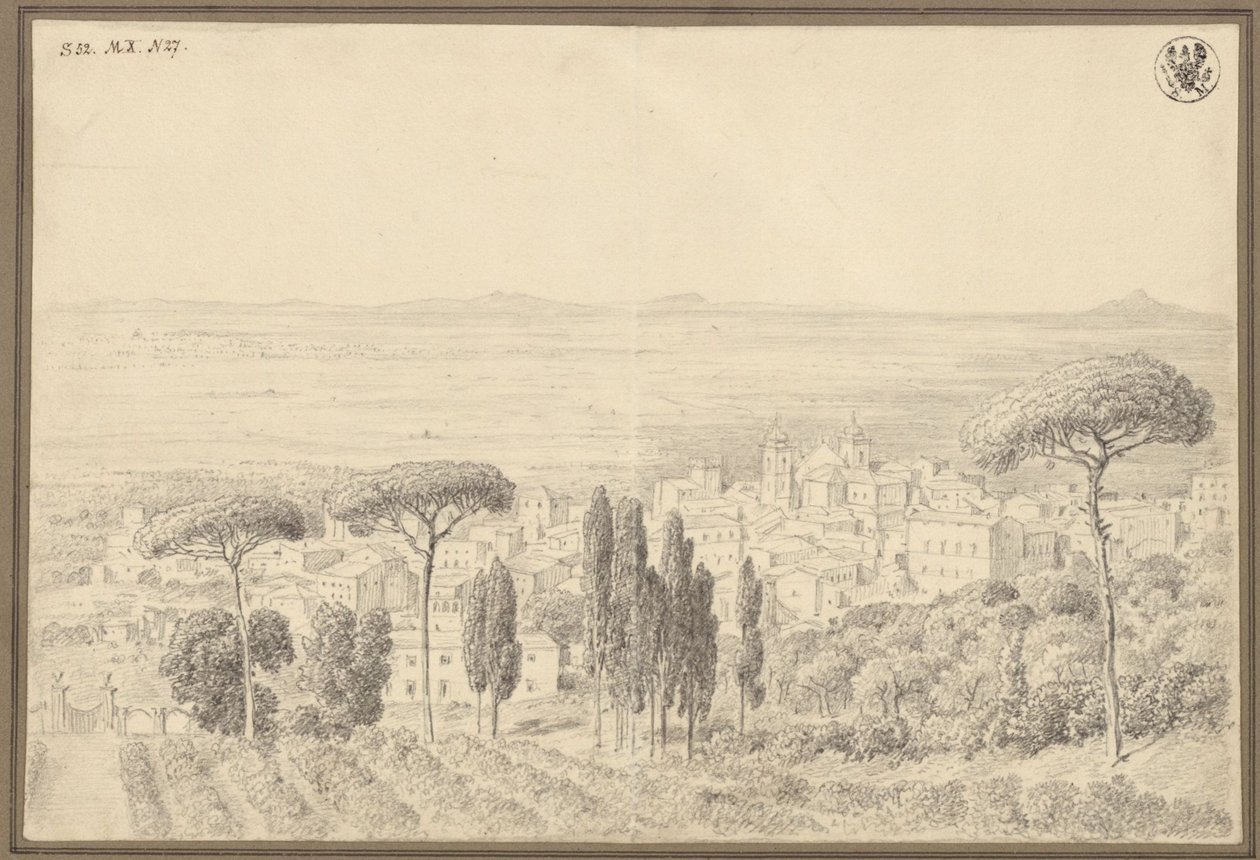 Udsigt over en by, sandsynligvis i udkanten af Rom af Karl Friedrich Schinkel