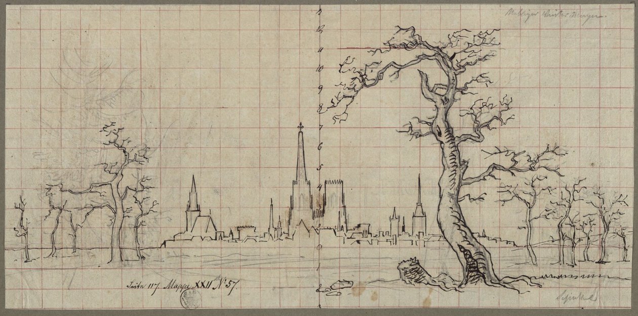 Udsigt over en by med en højt ragende katedral i et vinterlandskab af Karl Friedrich Schinkel