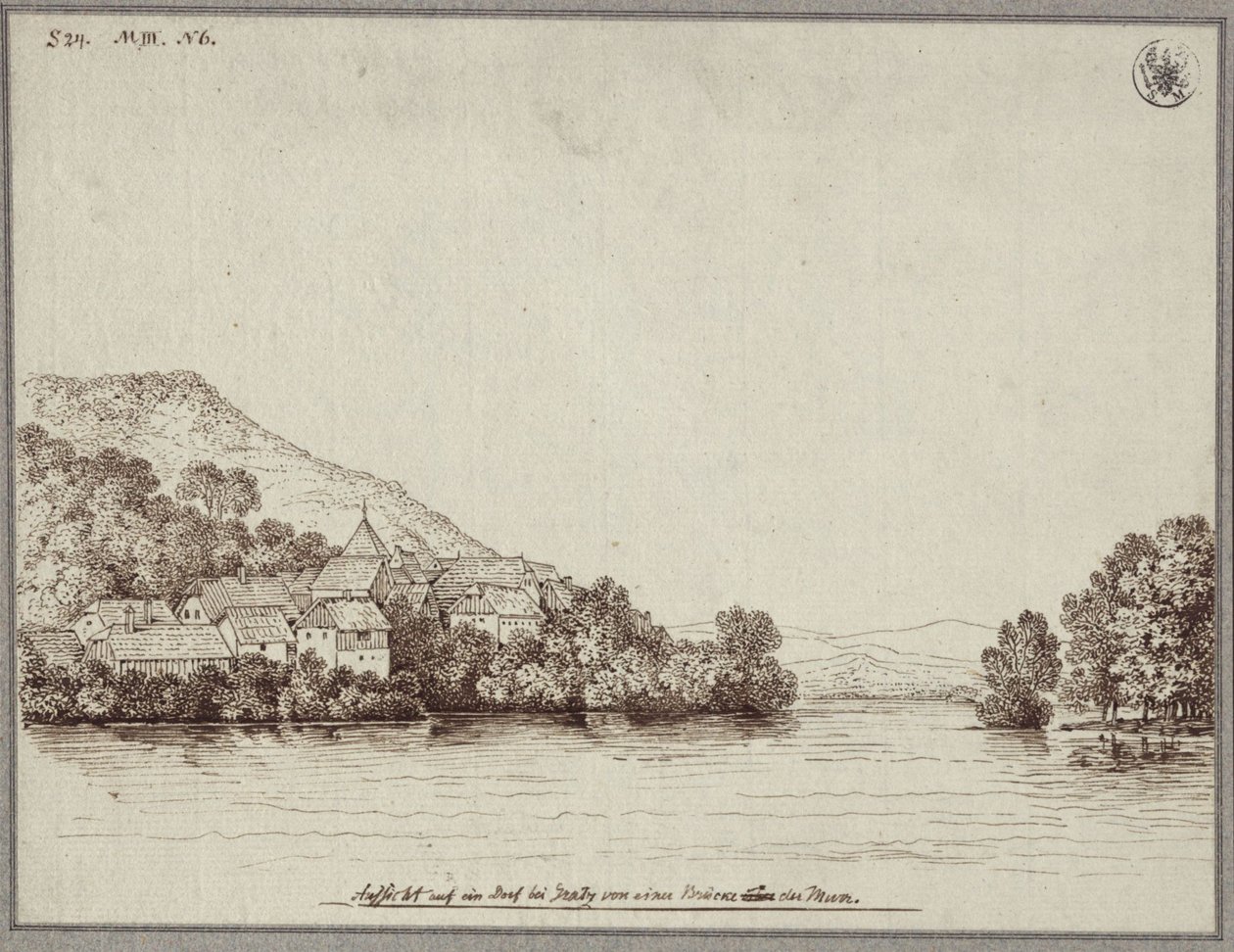 Udsigt over en landsby nær Graz fra en bro over Mur af Karl Friedrich Schinkel