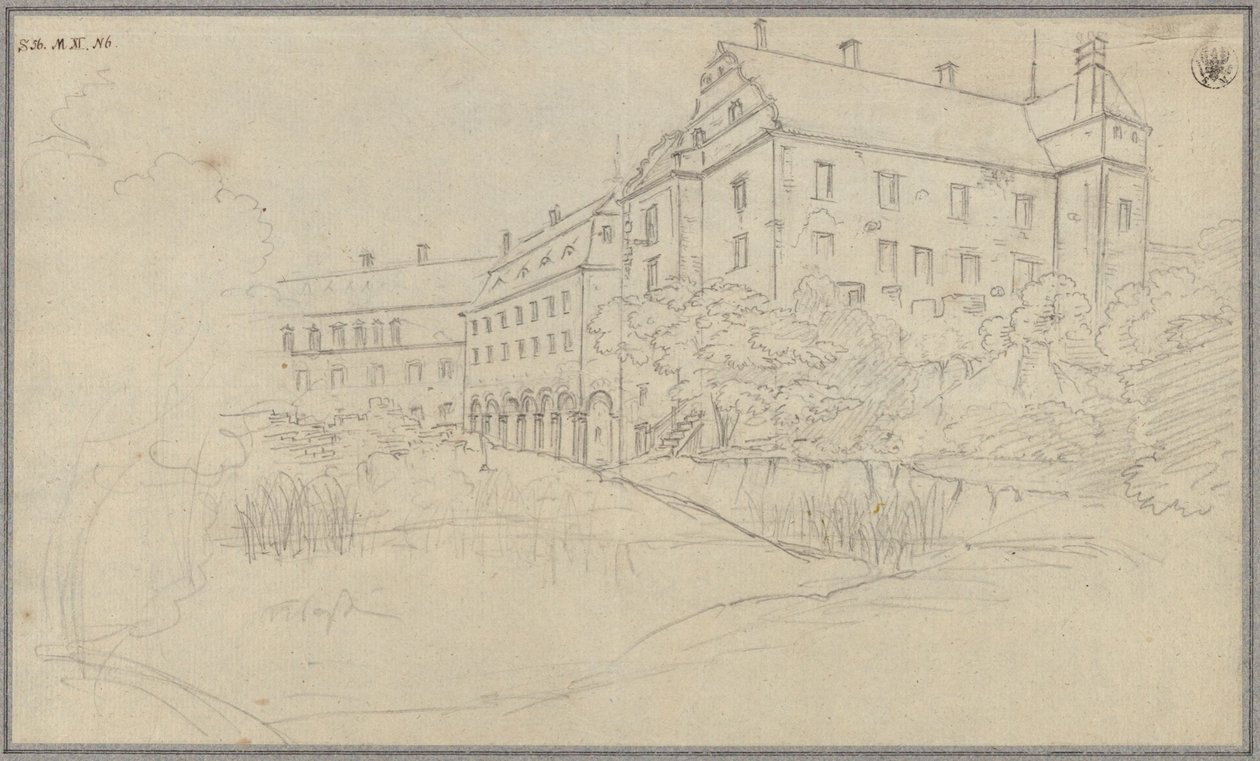 Udsigt over et slot med renæssancegavle i Schlesien eller Bøhmen af Karl Friedrich Schinkel