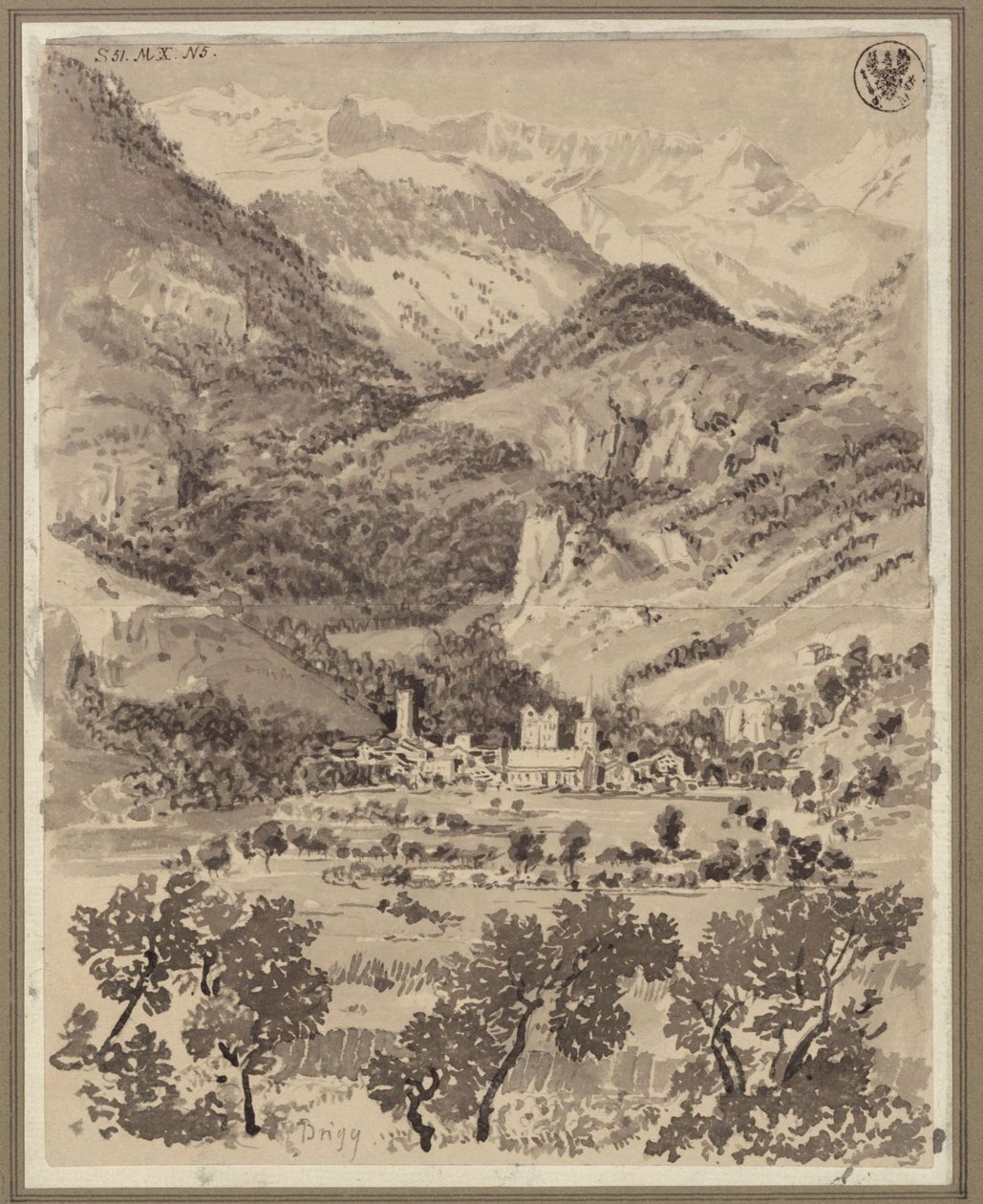 Udsigt over Brig med omegn i den schweiziske kanton Valais af Karl Friedrich Schinkel
