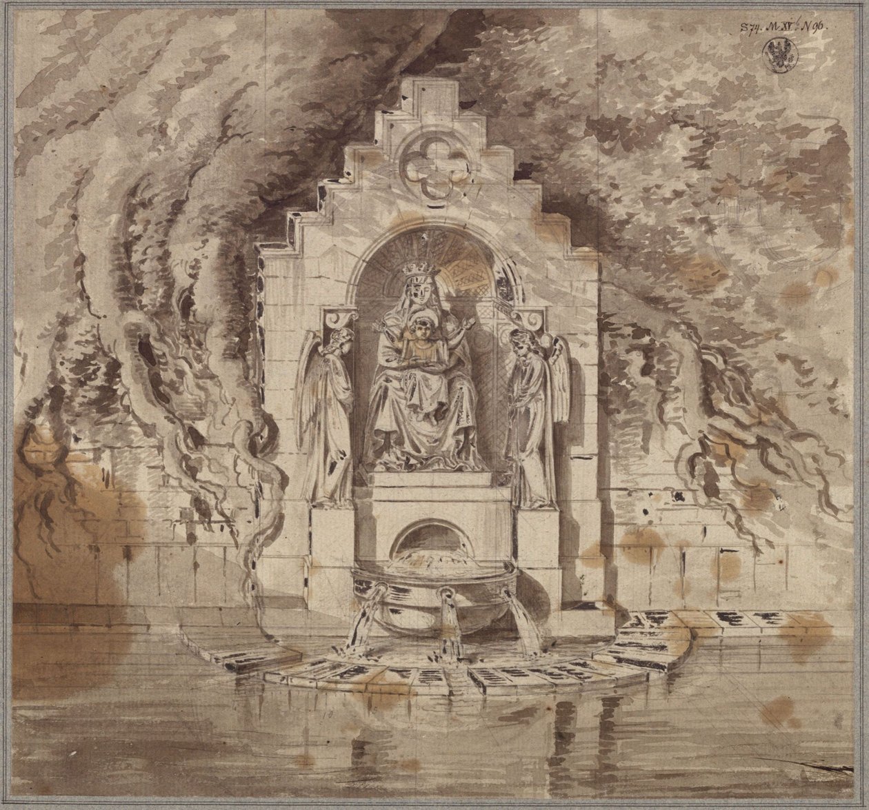 Arkitektonisk indramning af en kilde med en madonnastatue og to engelstatuer af Karl Friedrich Schinkel