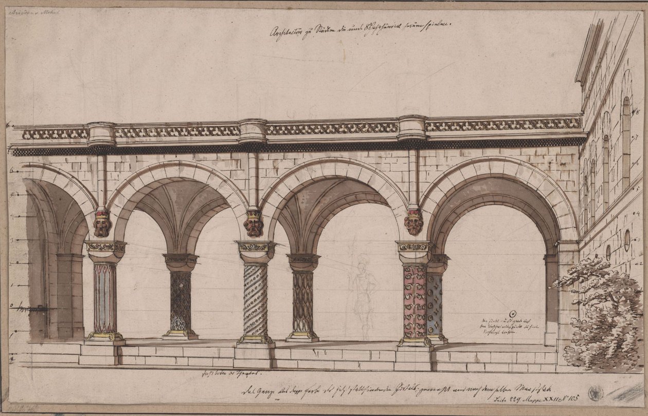 Ariodant. Opera af Étienne Nicolas Méhul. Udkast til 1. dekoration. Arkadegang / Et galleri af Karl Friedrich Schinkel