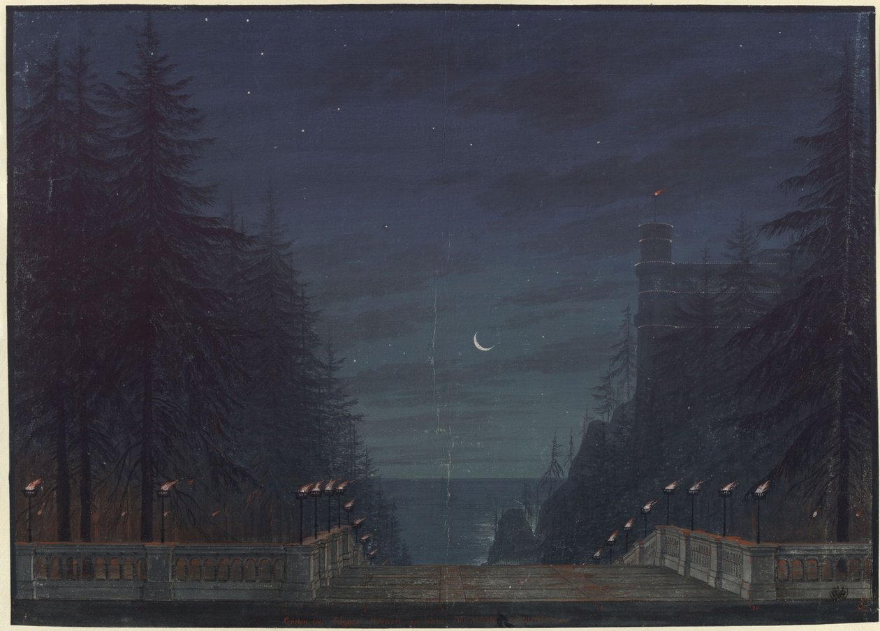 Ariodan. Opera af Etienne Nicolas Méhul. Udkast til den 2. kulisse. Haven ved Edgars palads af Karl Friedrich Schinkel