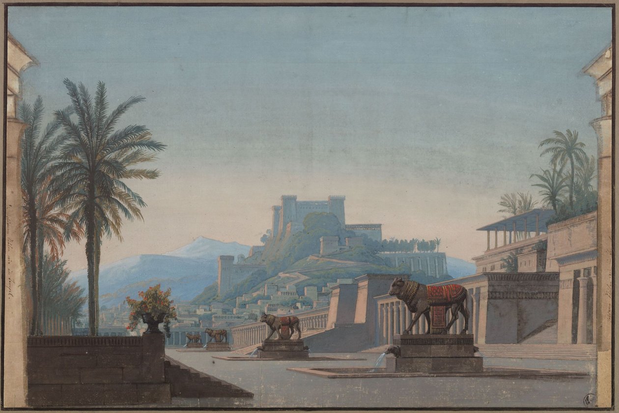 Athalia. Opera af Johann Nepomuk von Poissl. Udkast til den første kulisse. Udsigt over Jerusalem og Zionsborg af Karl Friedrich Schinkel