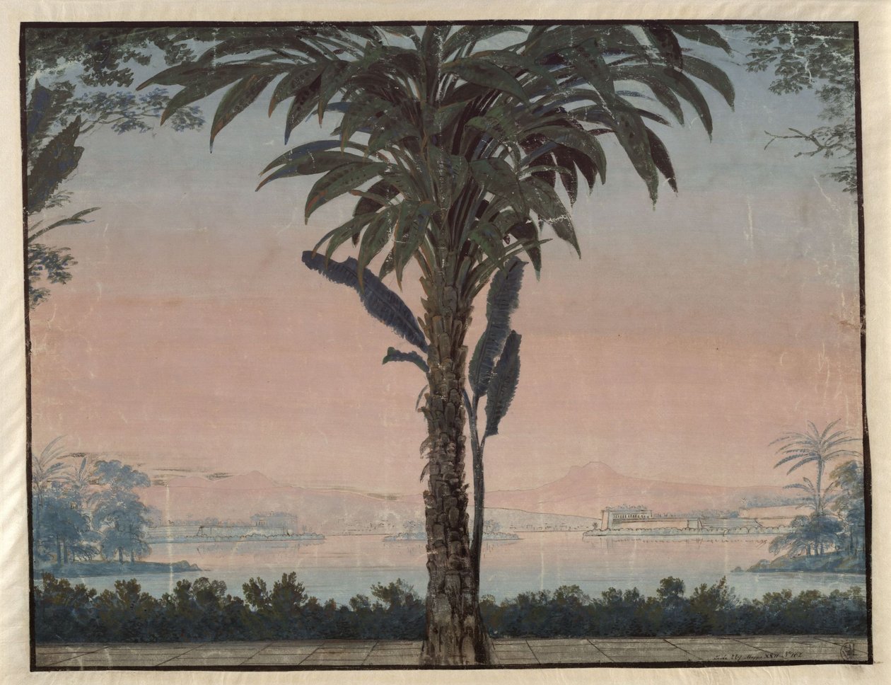 Athalia. Opera af Johann Nepomuk von Poissl. Udkast til den 4. kulisse. Ypperstepræstens have med en stor palme foran et vandområde af Karl Friedrich Schinkel