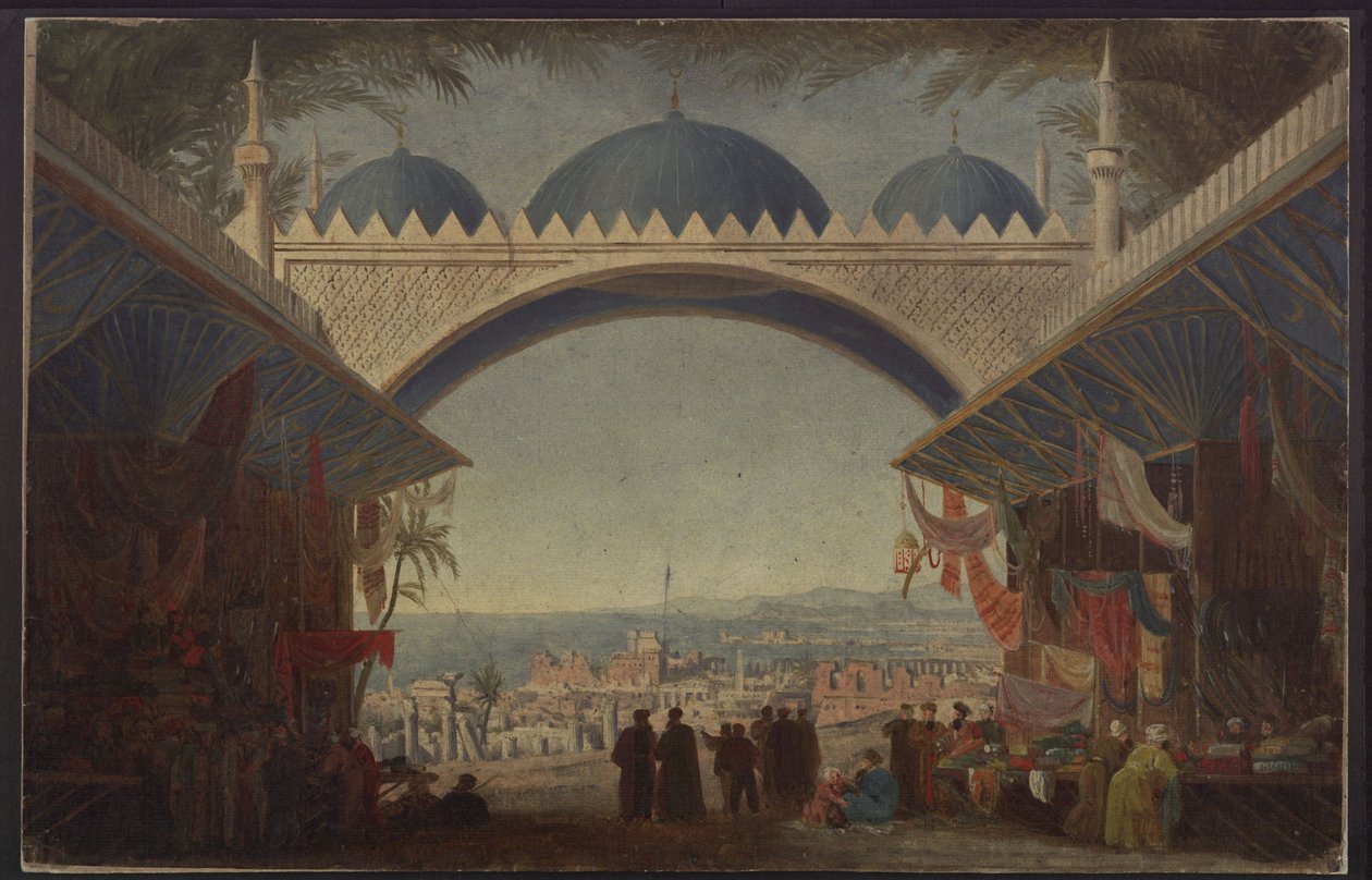 Aucassin og Nicolette. Opera af Georg Abraham Schneider. Udkast til 5. kulisse. Basar i Tunis af Karl Friedrich Schinkel