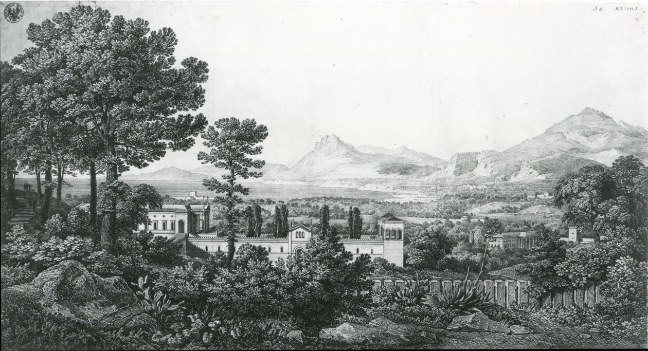"Udsigt fra Prins Valguarneras palads over en del af Bagaria ved Palermo og Cefalù-bugten" af Karl Friedrich Schinkel