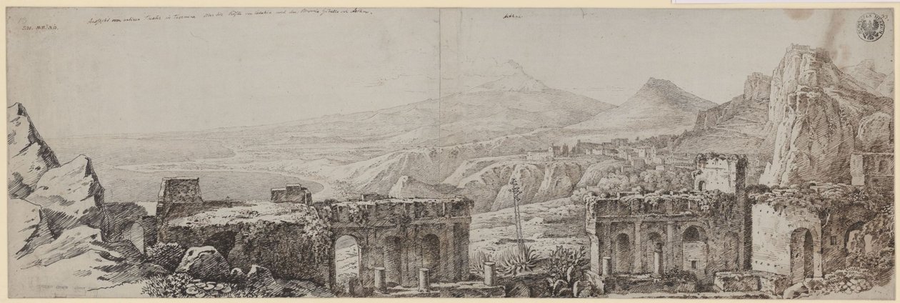 «Udsigt fra det antikke teater i Taormina over Catanias kyst og Monte Gibello eller Etna» af Karl Friedrich Schinkel