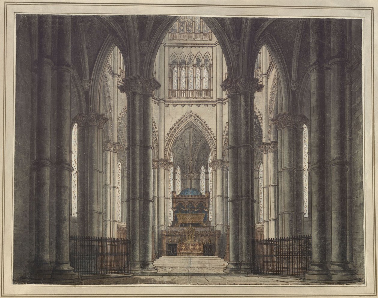 Axel og Walburg. Tragedie af Adam Oehlenschläger. Udkast til en dekoration. Interiøret i en kirkegrav af Karl Friedrich Schinkel