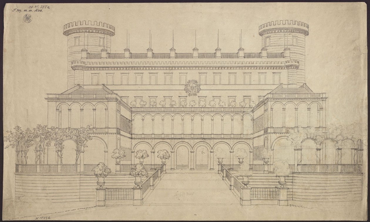 Bad Muskau. Slottet. Første forslag til ombygning. Opstalt af sydsiden af Karl Friedrich Schinkel