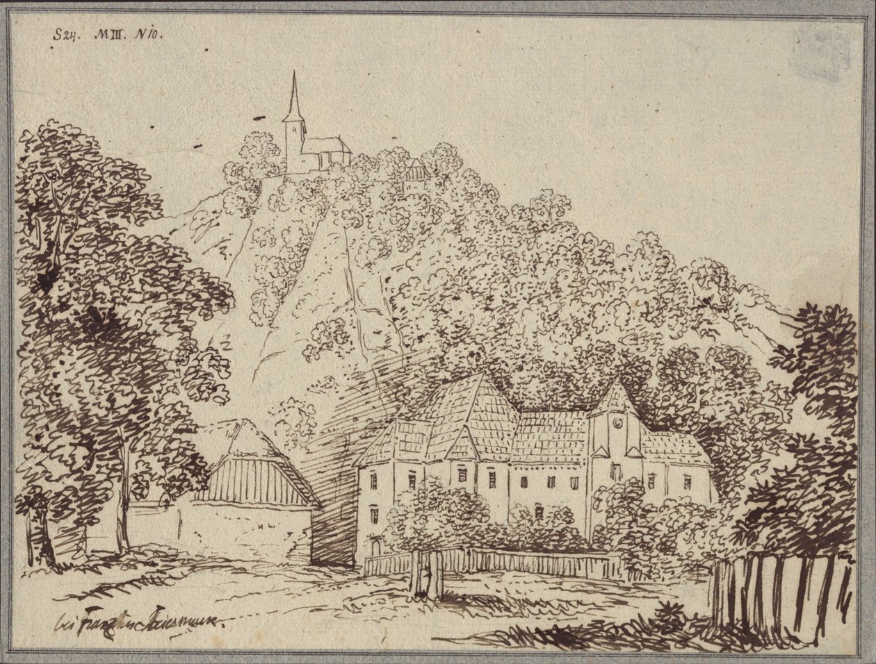 "Hos Franz i Steiermark" / Udsigt over Franz’ præstegård vest for Cilli (Celje) af Karl Friedrich Schinkel