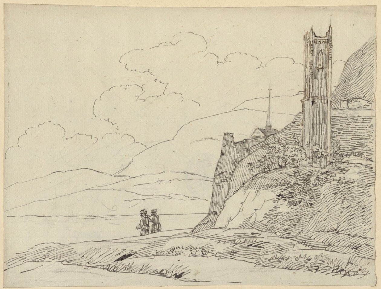 Bjerglandskab med tårnruiner og figurer af Karl Friedrich Schinkel