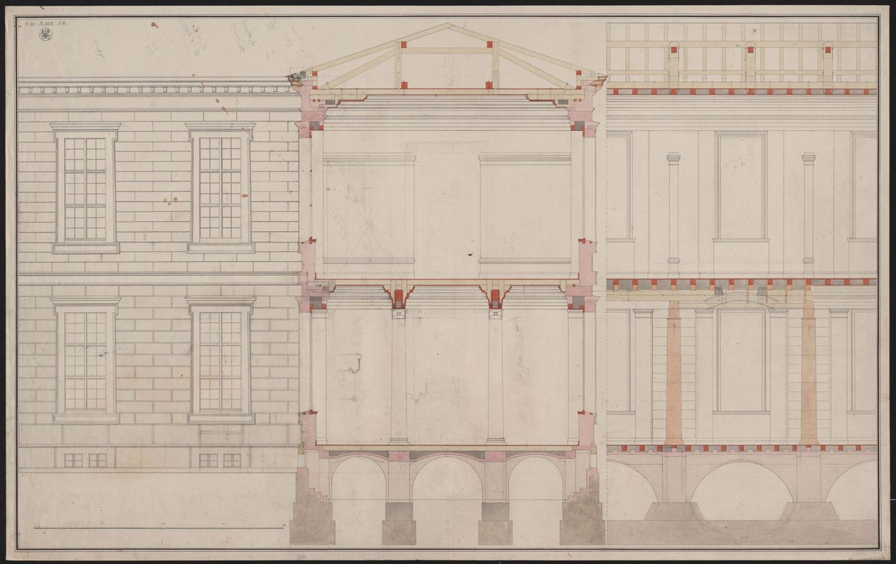 Berlin. Akademibygningen på Unter den Linden. Delvis opstalt af facaden, detalje af delvis længdesnit og tværsnit af Karl Friedrich Schinkel