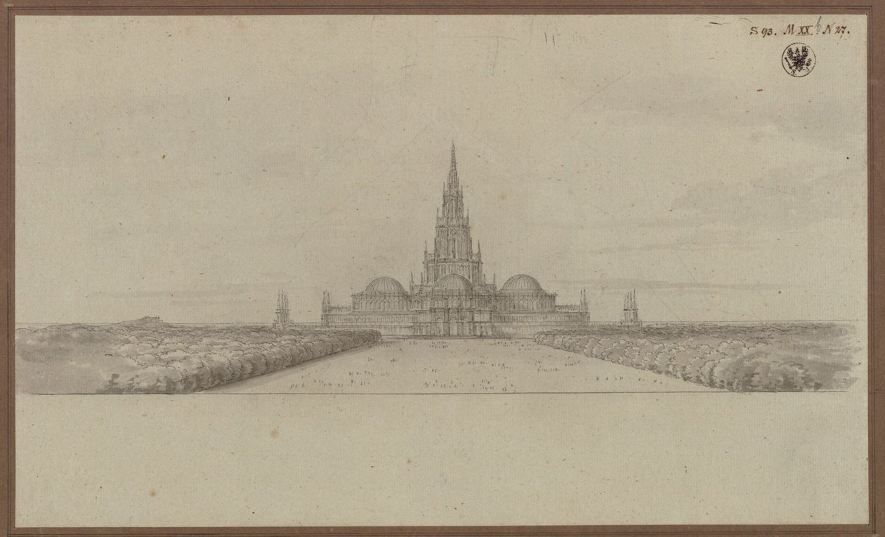 Berlin. Udkast til en domkirke som mindesmærke for befrielseskrigene (Befrielsesdomkirken) med krydstårn og kupler over tværskibets arme af Karl Friedrich Schinkel