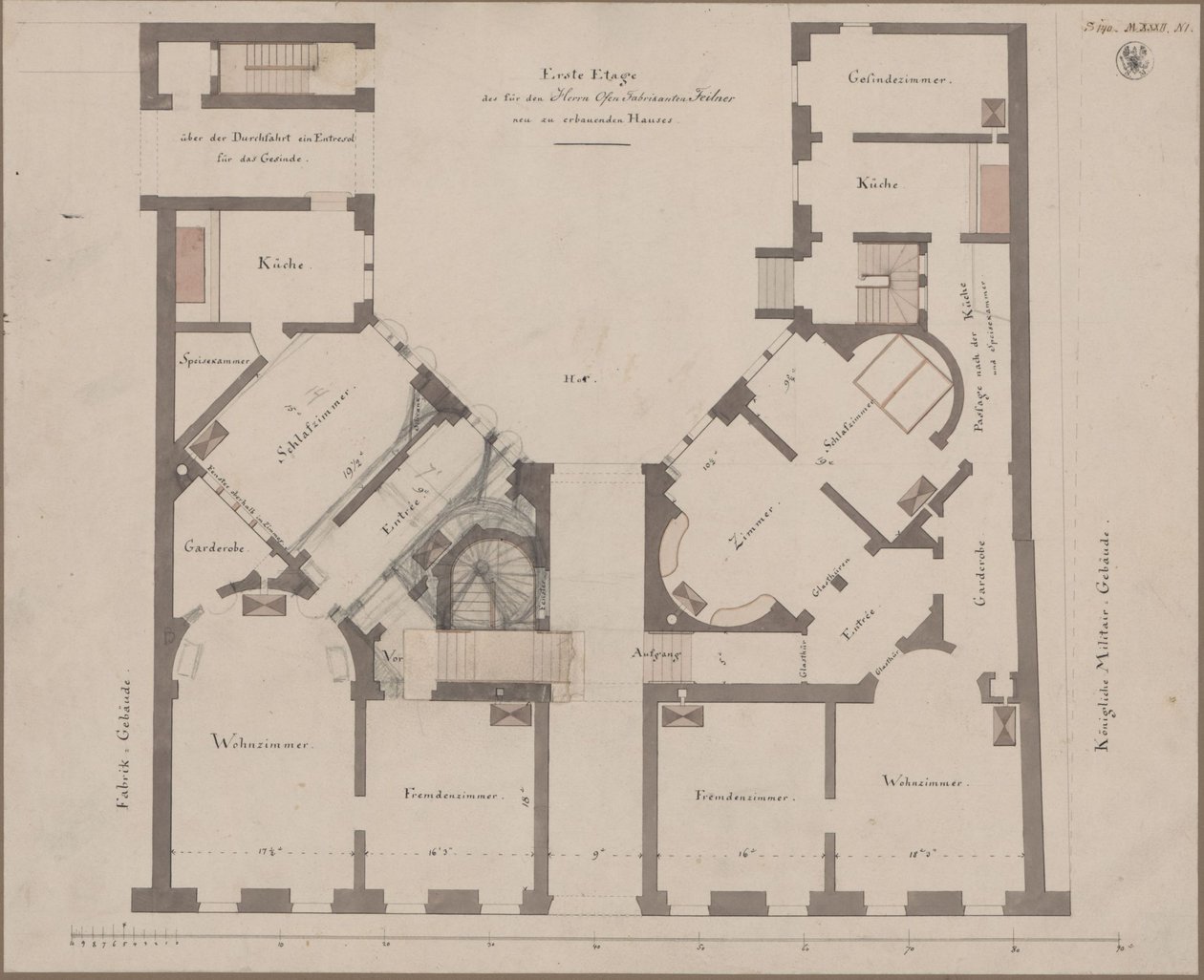 Berlin. Feilnerhaus. Grundplan for første etage af Karl Friedrich Schinkel