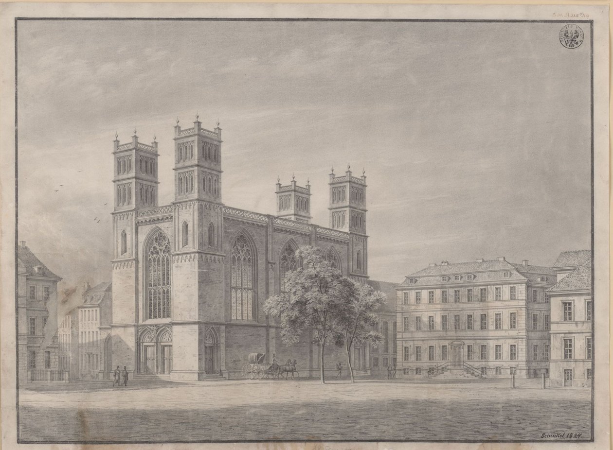 Berlin. Friedrichswerdersche Kirke. Perspektivtegning og variant med fire hjørnetårne af Karl Friedrich Schinkel