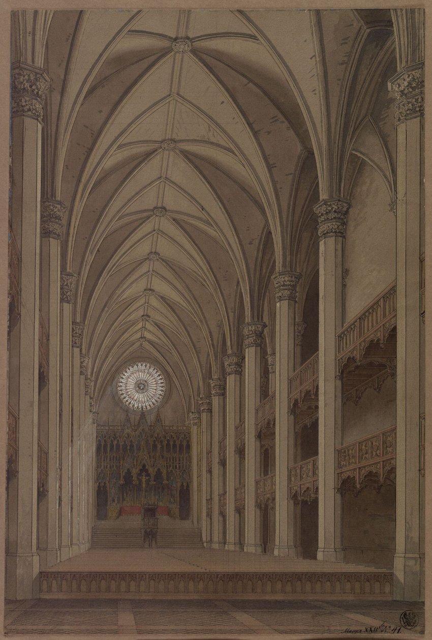 Berlin. Petrikirken. Udkast til genopbygning i gotisk stil. Indvendigt billede med udsigt mod alteret af Karl Friedrich Schinkel