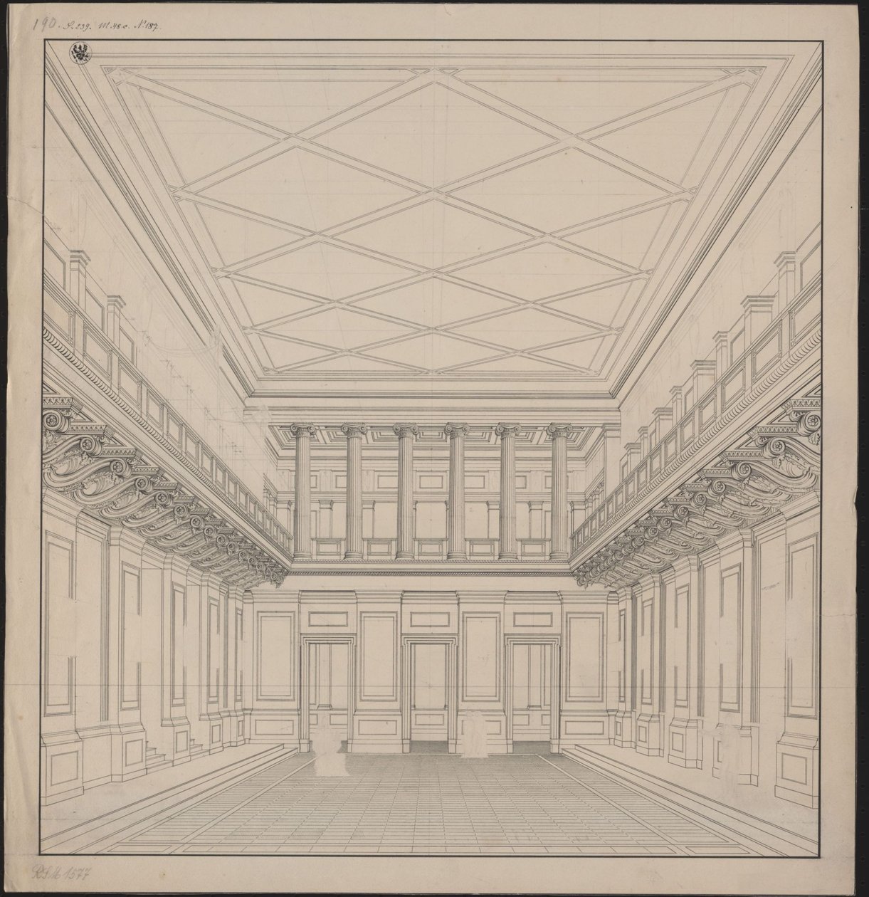 Berlin. Schauspielhaus på Gendarmenmarkt, koncertsal. Udsigt af Karl Friedrich Schinkel