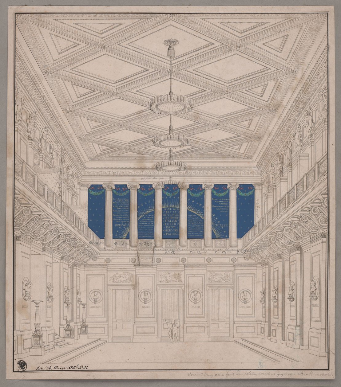 Berlin. Schauspielhaus på Gendarmenmarkt, koncertsal.  Dekoration i anledning af naturforskernes fest af Karl Friedrich Schinkel
