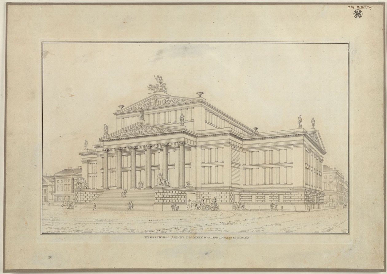 Berlin. Skuespilhuset på Gendarmenmarkt. Perspektivisk vue af forsiden af Karl Friedrich Schinkel