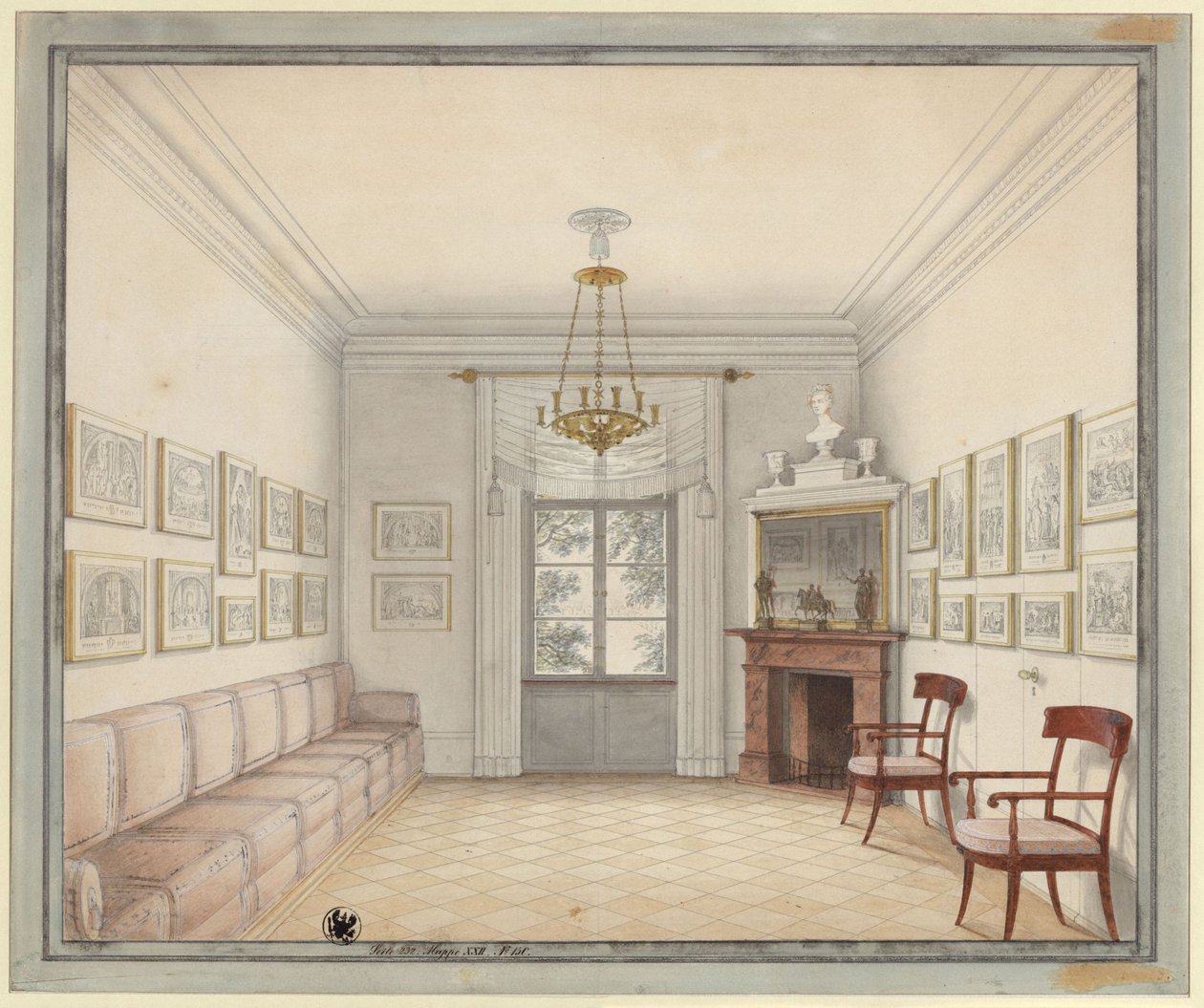 Berlin. Charlottenburg Slot, slotspark, Den Nye Pavillon (Schinkel-pavillonen). Udsigt over Det Hvide Værelse som forbillede for indretningen af rummene på førstesalen af Karl Friedrich Schinkel