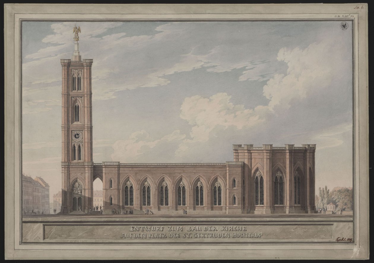 Berlin, Spittelmarkt. Udkast til Sankt Gertruds Kirke. Udvendig udsigt af Karl Friedrich Schinkel