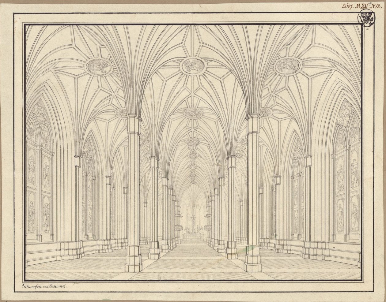 Berlin, Spittelmarkt. Udkast til Sankt Gertruds Kirke. Indre set gennem kirkeskibet mod koret af Karl Friedrich Schinkel