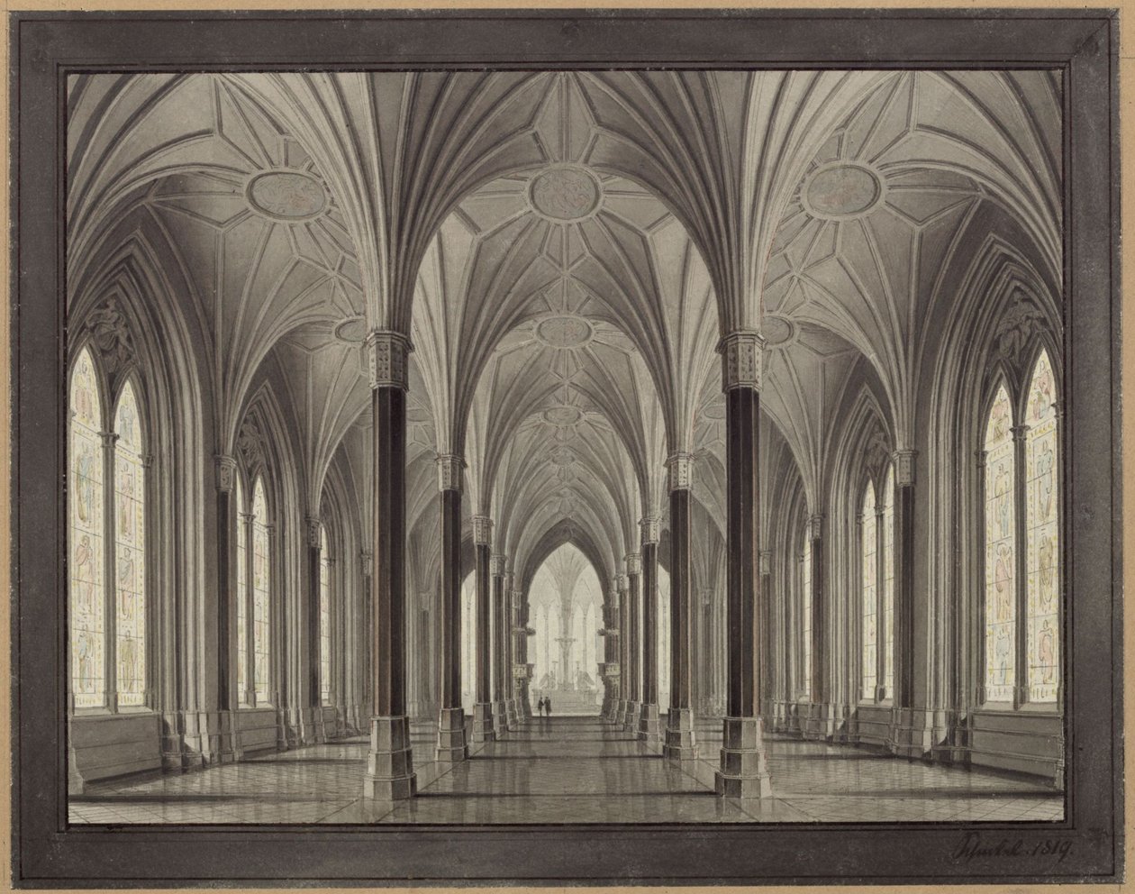 Berlin, Spittelmarkt. Udkast til Sankt Gertraud Kirke. Interiør, udsigt gennem skibet mod koret af Karl Friedrich Schinkel